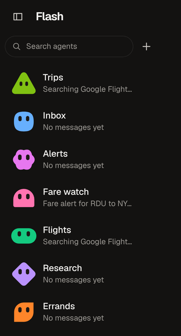 Two agents in the Flash app, Flights and Fare watch, each with its own colored face and the last line of its thread.