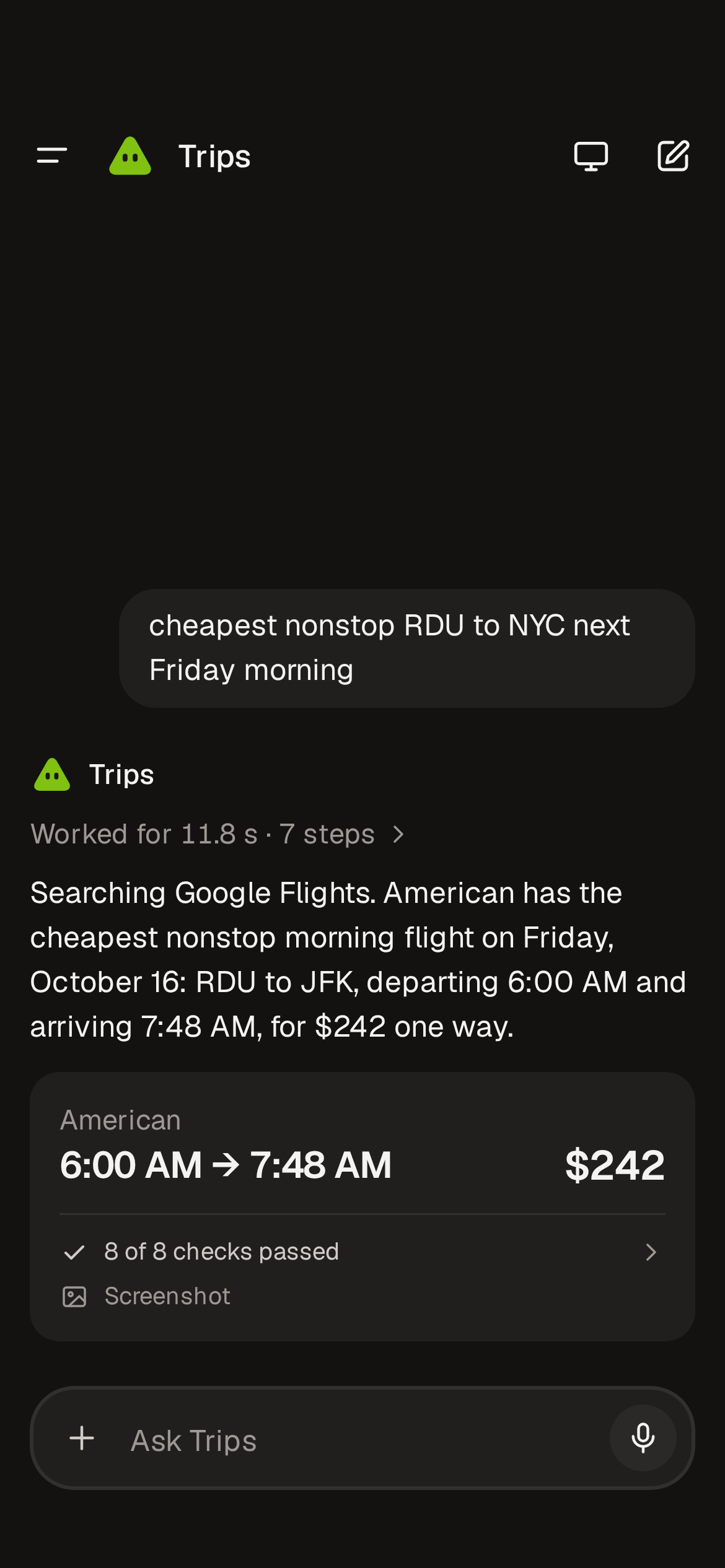 A thread in the phone app: the request, the agent's reply with how long it worked, and the cheapest flight found with the checks it passed.