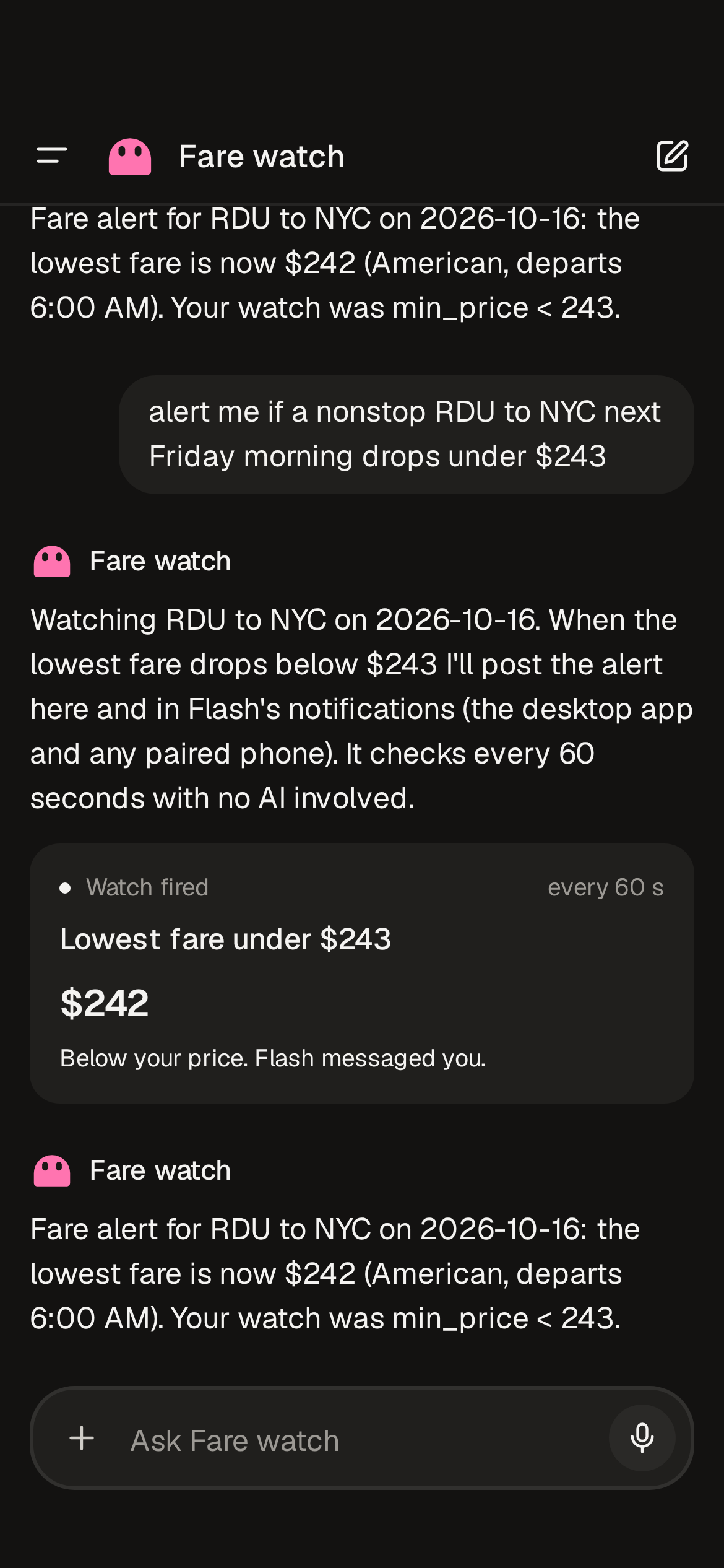 The Fare watch thread in the phone app: the watch card with the fare it waited for and the price it found.